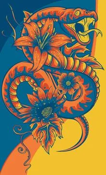 Vector illustration of snake with flower and leaves Illustrazione stock