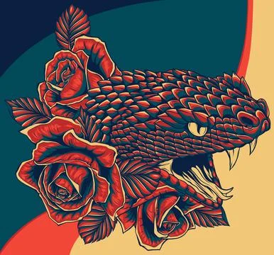 Vector illustration of snake head with roses Illustrazione stock