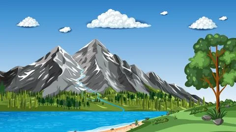 Vector Illustration of Snow Capped Mountain Peaks and Blue Lake Stock Illustration