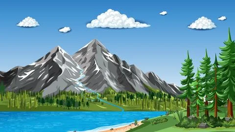 Vector Illustration of Snow Capped Mountains and Pine Forest by Lake Stock Illustration