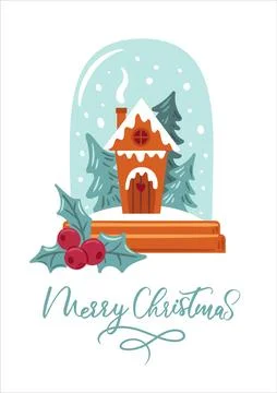 Vector illustration of a snow globe featuring a gingerbread house, holly sprigs Stock Illustration
