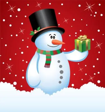 Vector illustration of snowman with a gift Illustrazione stock