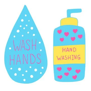 Vector illustration of soap bottle and water drop with hand washing text isol Stock Illustration