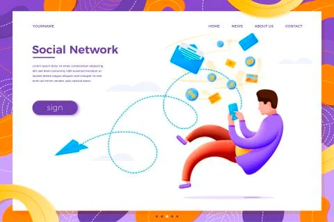 Vector illustration social network concept - cartoon man flowing in content Illustrazione stock