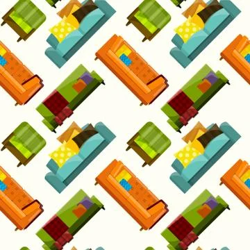 Vector illustration of sofa in flat seamless pattern 스톡 일러스트