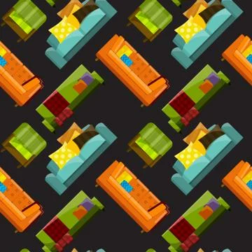 Vector illustration of sofa in flat seamless pattern 스톡 일러스트