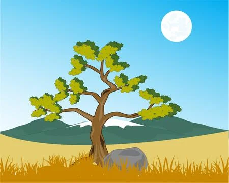 Vector illustration solitary tree on background of the mountains Illustrazione stock