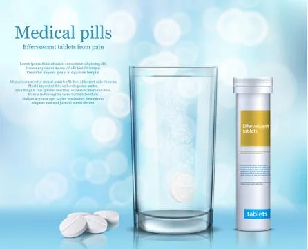 Vector illustration of soluble round tablets in a glass of water and a white Stock Illustration
