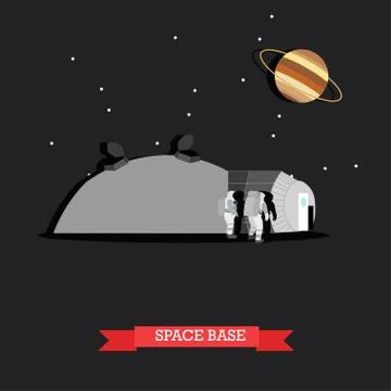 Vector illustration of space base and astronauts in flat style Stock Illustration