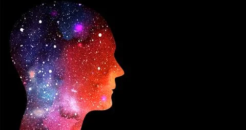 Vector illustration of space colored human head on black background. Mindfu.. Stock Illustration