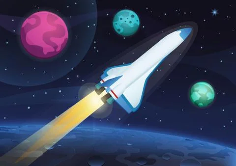Vector illustration of a space rocket launch from Earth. Space travel to the 스톡 일러스트