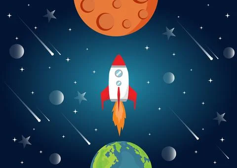 Vector Illustration of Space, Spaceship, Planet Earth, Moon Ilustração Stock