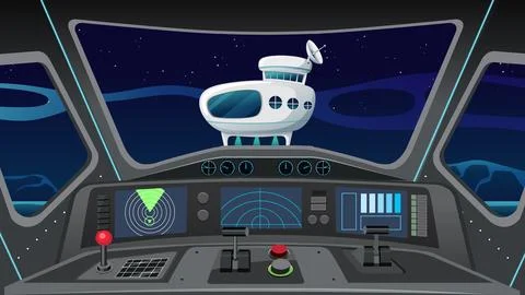 Vector illustration of a spacecraft dashboard overlooking a satellite against イラスト素材
