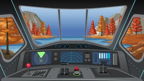 Vector illustration of a spacecraft interior with control panels facing a sce Illustrazione stock
