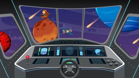 Vector Illustration of a Spaceship Cockpit Overlooking Planets and Astronaut Stock Illustration