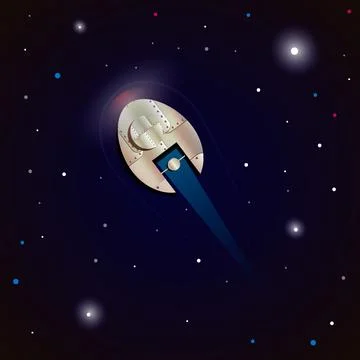 Vector illustration of spaceship flying in opened space. Stock Illustration