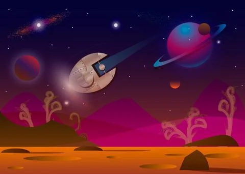 Vector illustration of spaceship flying over alien planet t in opened space. Stock Illustration