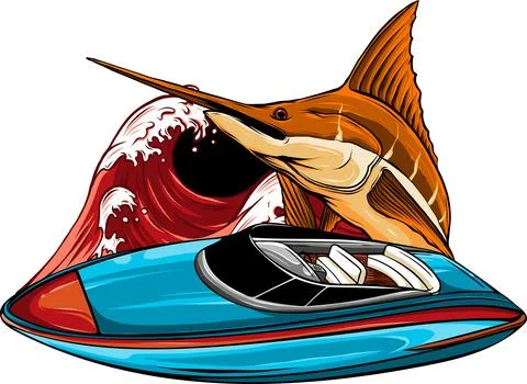 Vector illustration of speedboat with marlin fish 스톡 일러스트