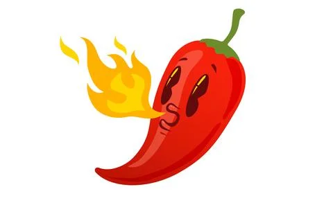 Vector illustration of a spicy chili pepper with flame in retro style. Cart.. Stock Illustration
