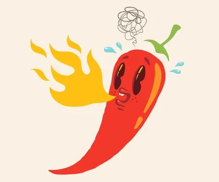 Vector illustration of a spicy chili pepper with flame in retro style. Cart.. Stockillustratie