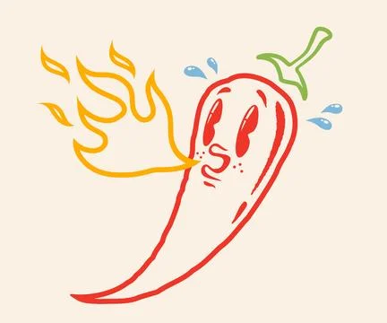 Vector illustration of a spicy chili pepper with flame in retro style. Cart.. Stock Illustration