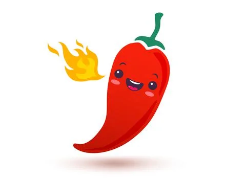 Vector illustration of a spicy chilli pepper with flame in kawaii style. Stock Illustration