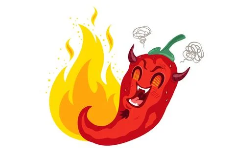 Vector illustration of a spicy chilli pepper with flame. Cartoon of red dev.. Stock Illustration