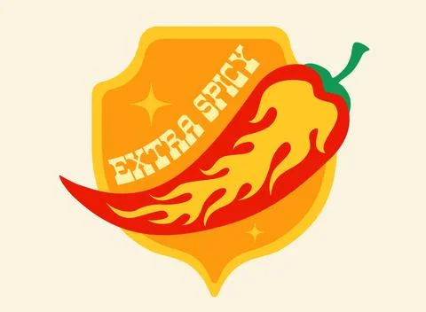 Vector illustration of a spicy chilli pepper with flame on shield. Red chil.. Stock Illustration