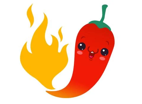 Vector illustration of a spicy chilli pepper with flame. Cartoon red chilli.. Stock Illustration