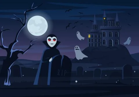 Vector illustration of spooky vampire and ghosts flying at castle at night Ilustração Stock