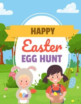 Vector illustration of spring lawn with easter eggs, girls in a rabbit costume Illustrazione stock