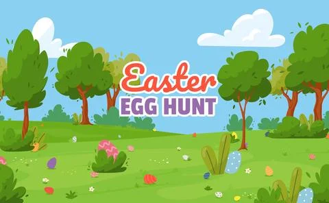 Vector illustration of spring lawn with trees with easter eggs scattered on it Stock Illustration