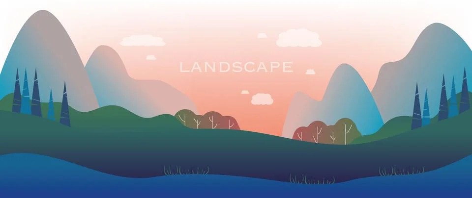 Vector illustration of spring or summer. In a flat style. Landscape with Stock Illustration