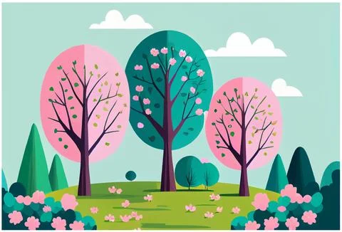 Vector illustration of spring park with pink and green tree nature outdoor Stock Illustration