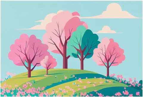 Vector illustration of spring park with pink and green tree nature outdoor Stock Illustration