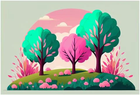 Vector illustration of spring park with pink and green tree nature outdoor Ilustración de archivo