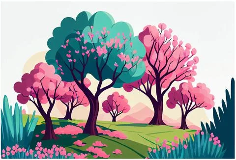 Vector illustration of spring park with pink and green tree nature outdoor Stock Illustration