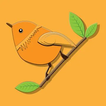 Vector illustration spring round orange bird with a feather collar sitting on Stock Illustration