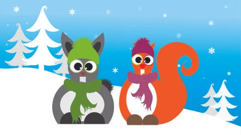 Vector illustration of squirrel and rabbit in the snowy woods in the winter. Stock Illustration