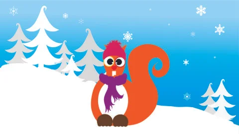 Vector illustration of squirrel in the snowy woods in the winter. Illustrazione stock