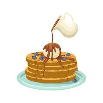 Vector illustration of a stack of Belgian waffles with a ball of ice cream, b Stock Illustration