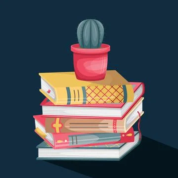 Vector illustration of a stack of books with retro covers and a pot with a ca Stock Illustration