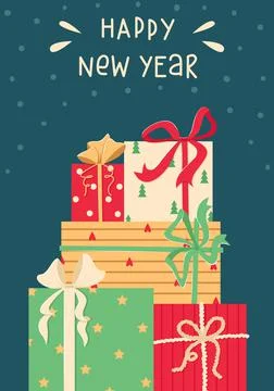 Vector illustration with a stack of Christmas gifts. Happy New Year. Stock Illustration