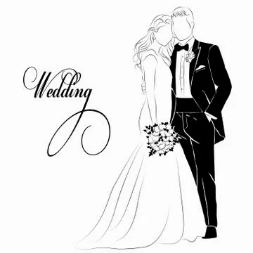 Vector illustration of a standing bride and groom with a bouquet. Stock Illustration