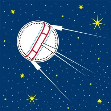 Vector illustration of the starry sky flying satellite from the Earth. Stock Illustration