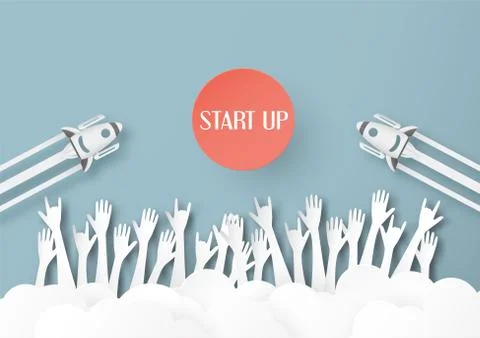 Vector illustration with start up concept in paper cut, craft and origami sty Stock Illustration