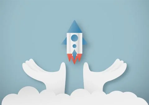 Vector illustration with start up concept in paper cut, craft and origami sty Stock Illustration