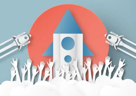 Vector illustration with start up concept in paper cut, craft and origami sty Stock Illustration