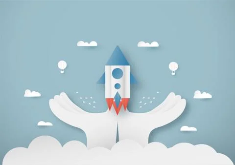 Vector illustration with start up concept in paper cut, craft and origami sty Stock Illustration