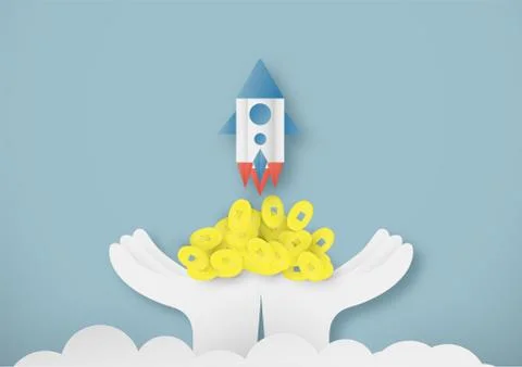 Vector illustration with start up concept in paper cut, craft and origami sty Stock Illustration